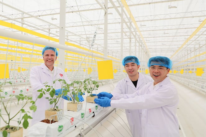Tree individuals wearing white lab coats and blue hairnets,  in a greenhouse. They are standing behind a bench that holds several small plants, possibly young seedlings. The greenhouse has a high ceiling.