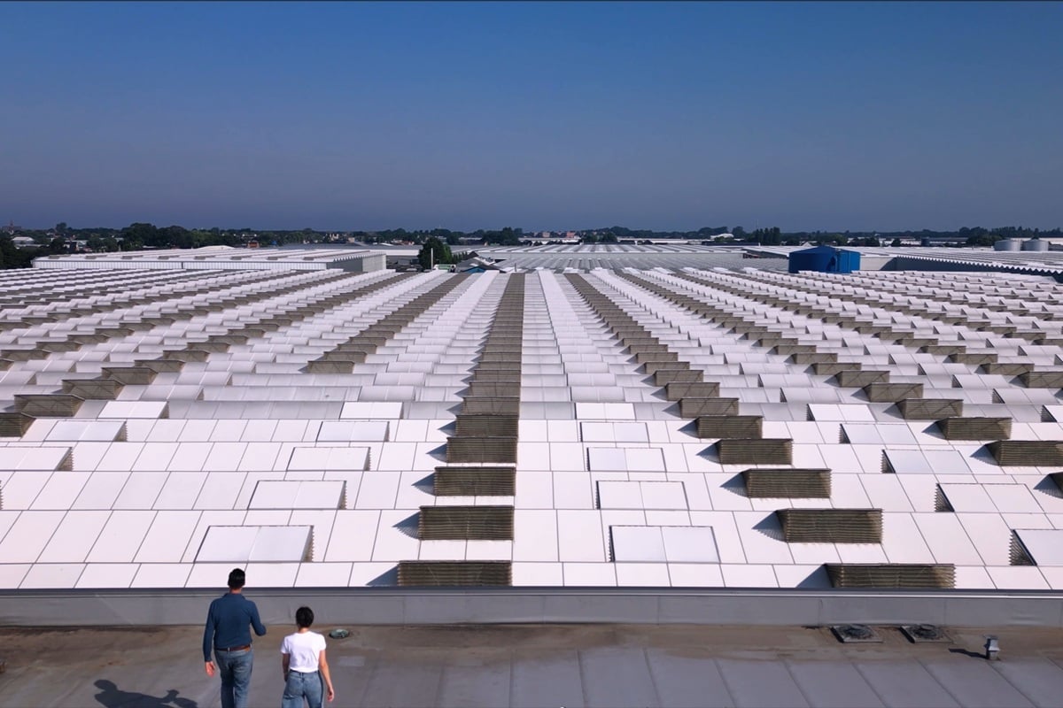 A greenhouse set against a clear blue sky. Two individuals, a man and a woman, are seen walking towards the panels, giving a sense of the scale of the installation. The shadows indicate that the photo was taken on a sunny day, possibly in the midday when the sun is high.
