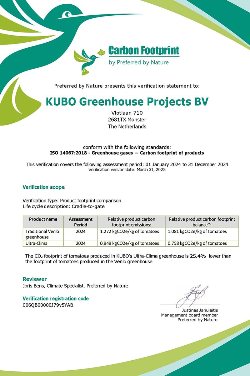 A carbon footprint verification certificate for a greenhouse. It is presented for 'KUBO Greenhouse Projects BV'. The certificate includes a comparison of the carbon footprint of tomatoes grown in a traditional versus a Venlo greenhouse, with the latter showing a significantly lower carbon footprint.