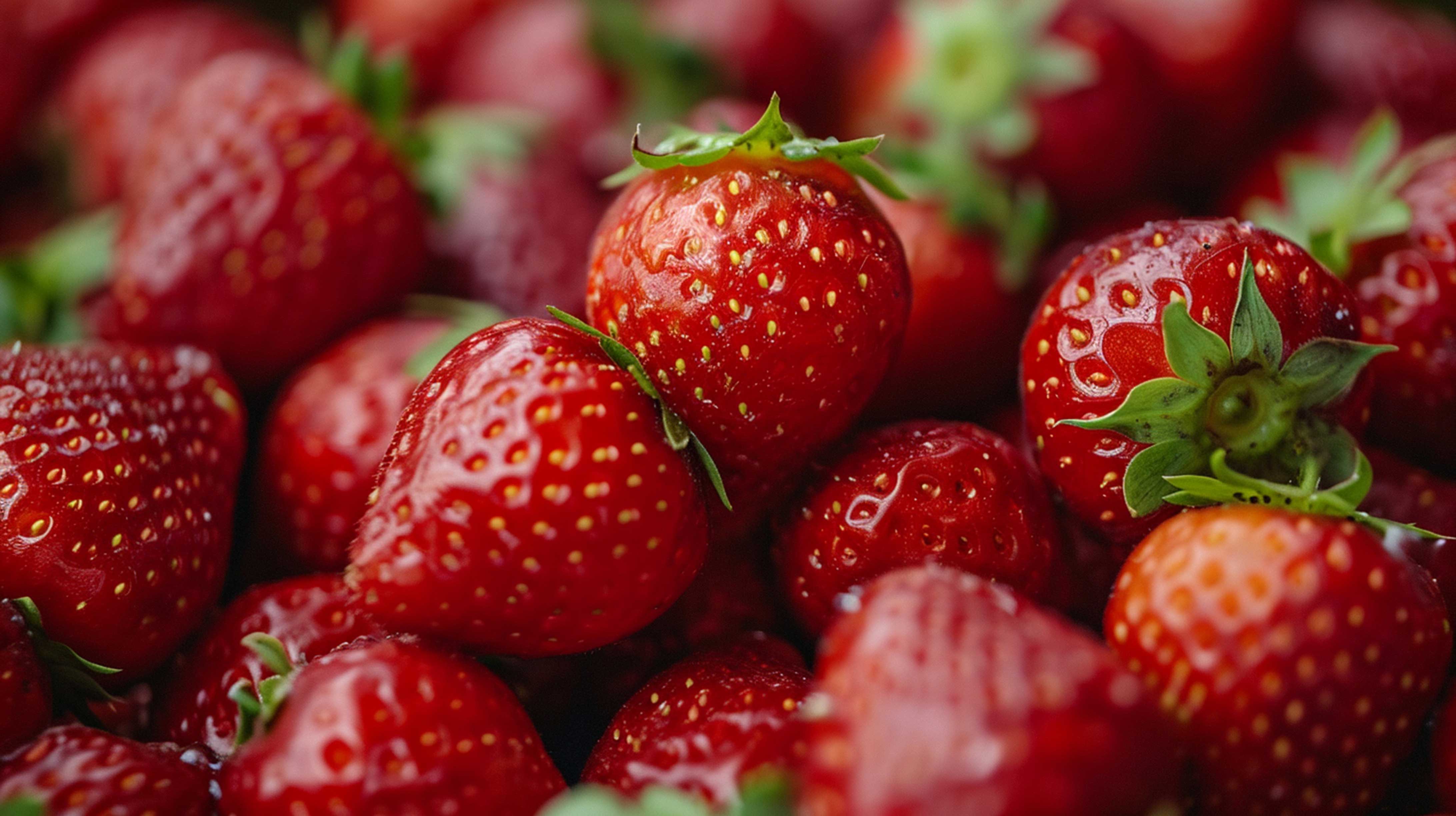 Een close-up van een groep rijpe aardbeien. Ze zijn overwegend rood met een glanzend oppervlak en zijn bestrooid met kleine witte zaadjes. De aardbeien staan bij elkaar en hun groene bladeren zitten er nog aan.